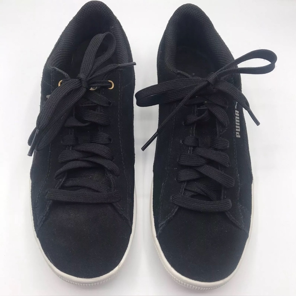 Puma Black Vikky Leather Soft Foam Gold Accents Women’s Sneaker  Size 7.5